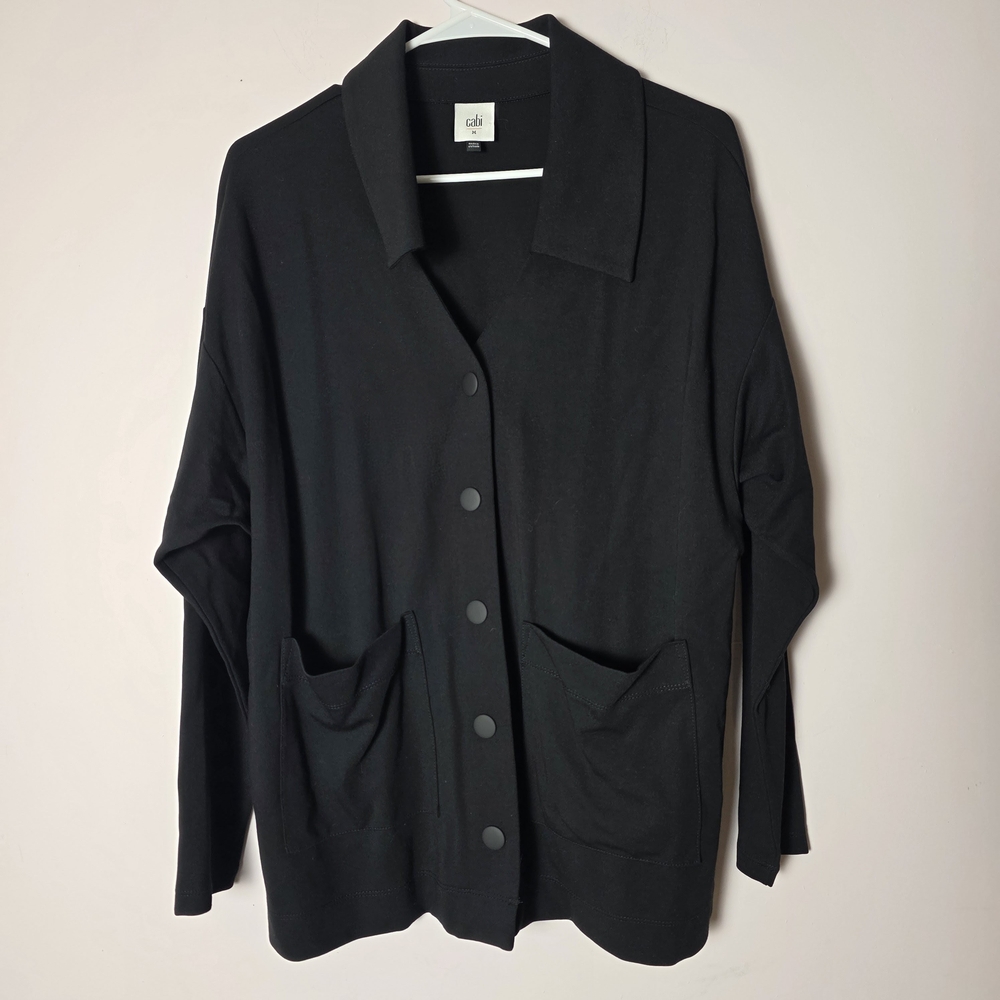 CAbi Elemental Topper Jacket Black Medium Snap Front Knit Shacket Minimalist